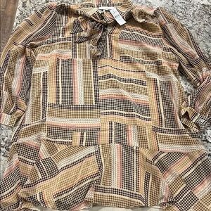 LOFT Multicolor Houndstooth Dress with Tie-Neck